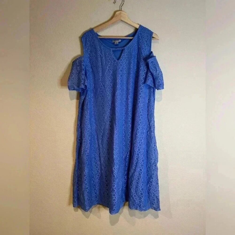 Catherines Eyelet lace Dress 2X Blue Cold Shoulder Crew‎ Neckline